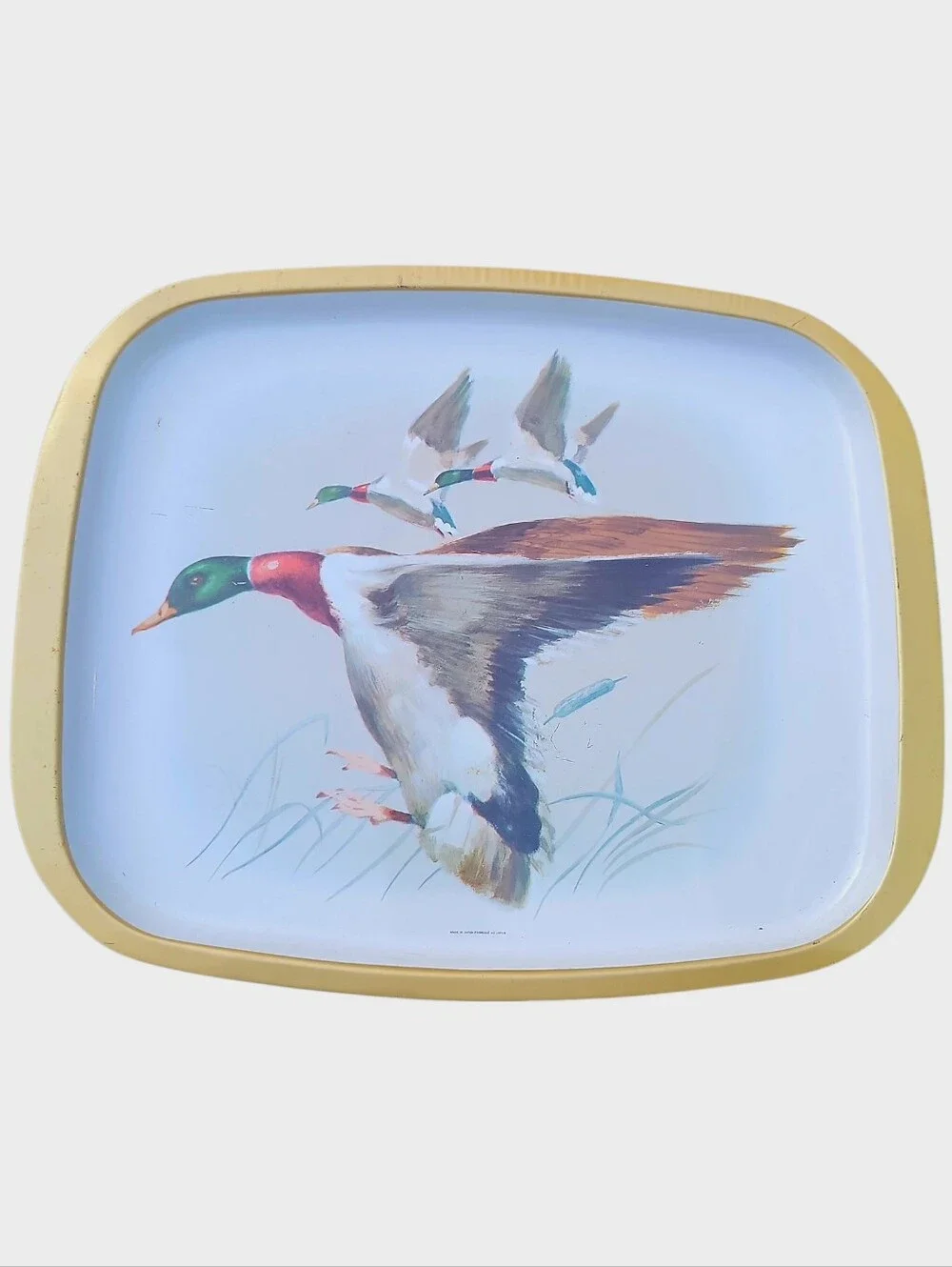 Vintage Mallard Duck Woodland  Metal Serving Decorative Tray Made In Japan